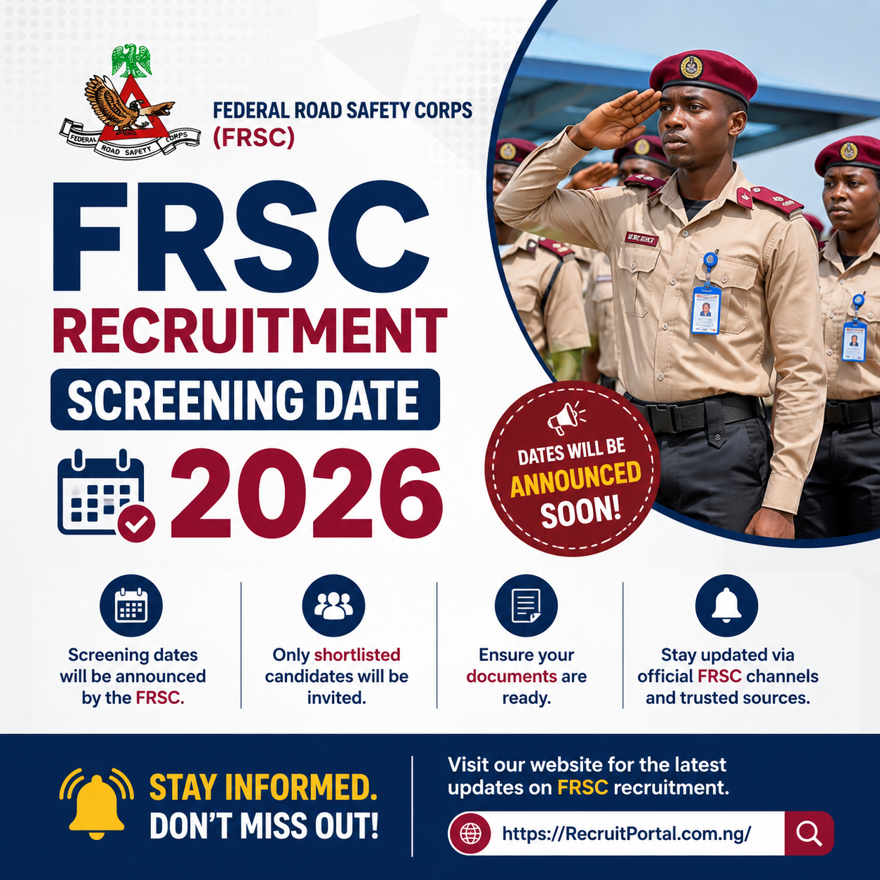 FRSC recruitment screening date 2026