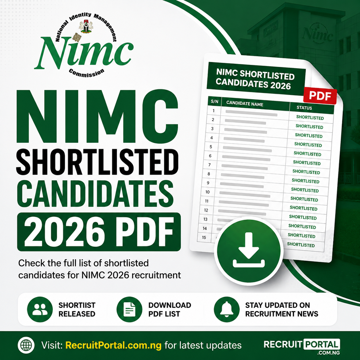 NIMC shortlisted candidates 2026 PDF
